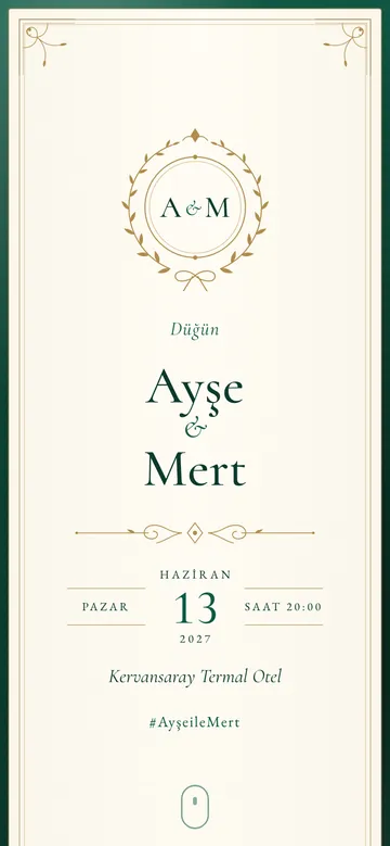 Emerald Wedding dijital davetiye şablonu — telefon ekranında örnek davetiye