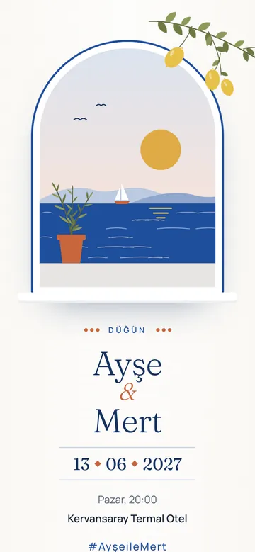 Akdeniz dijital davetiye şablonu — telefon ekranında örnek davetiye