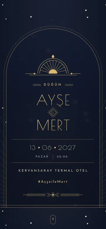 Midnight Luxury dijital davetiye şablonu — telefon ekranında örnek davetiye