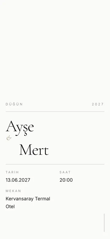 Modern Minimal dijital davetiye şablonu — telefon ekranında örnek davetiye