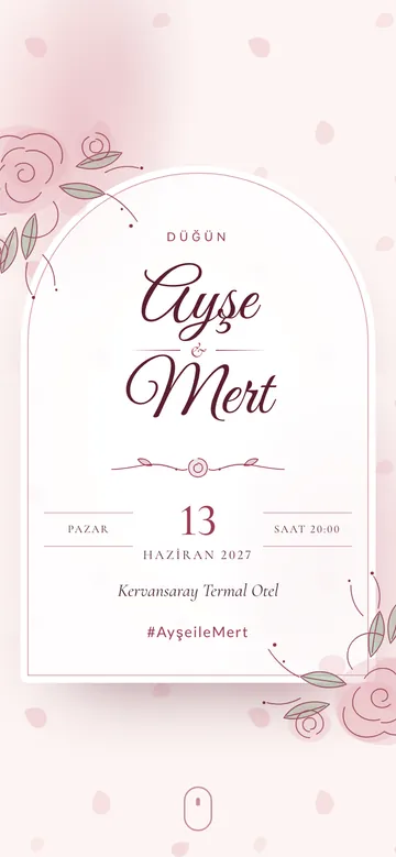 Romantik Gül dijital davetiye şablonu — telefon ekranında örnek davetiye